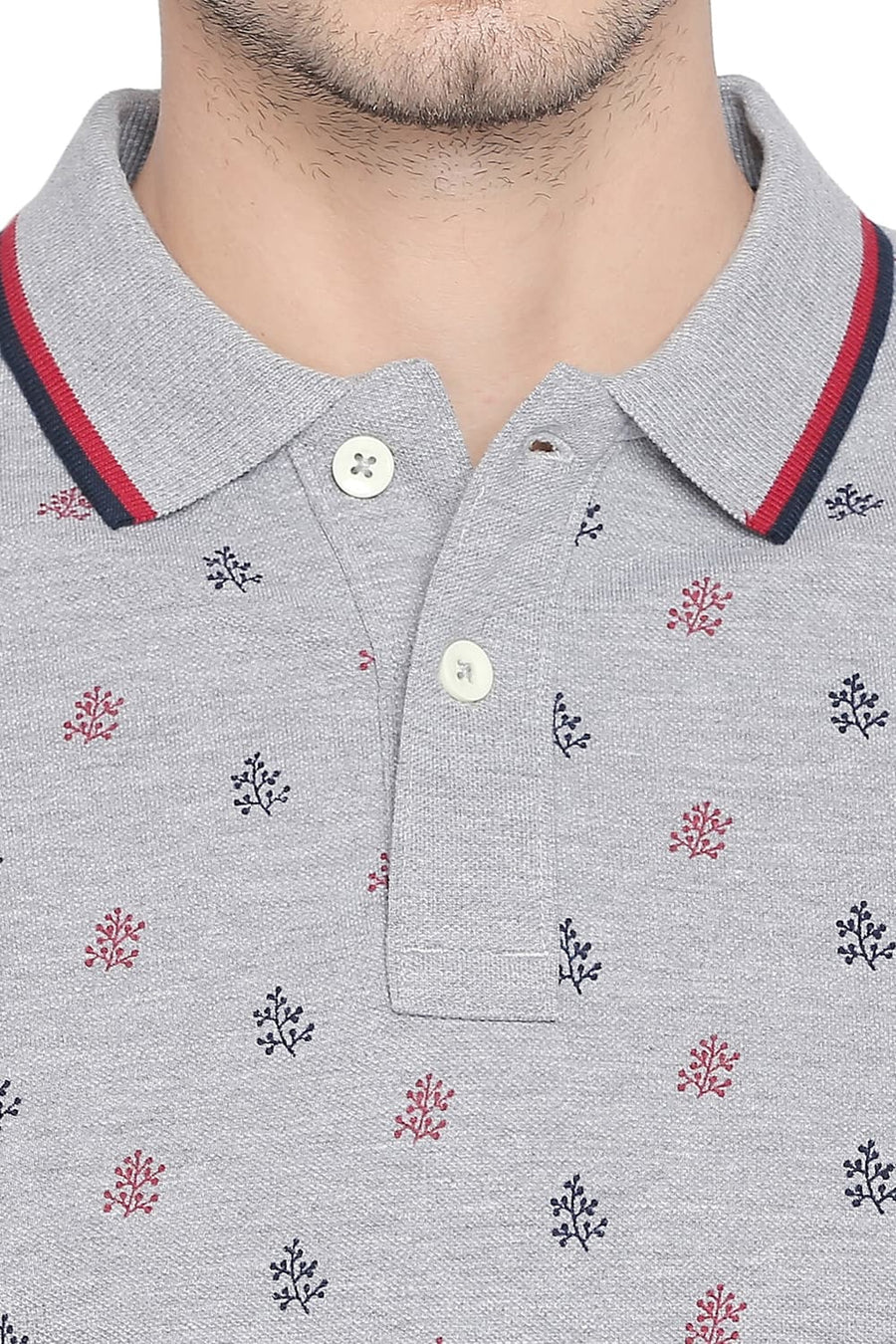 BASICS MUSCLE FIT HEATHER GREY PRINTED POLO T SHIRT