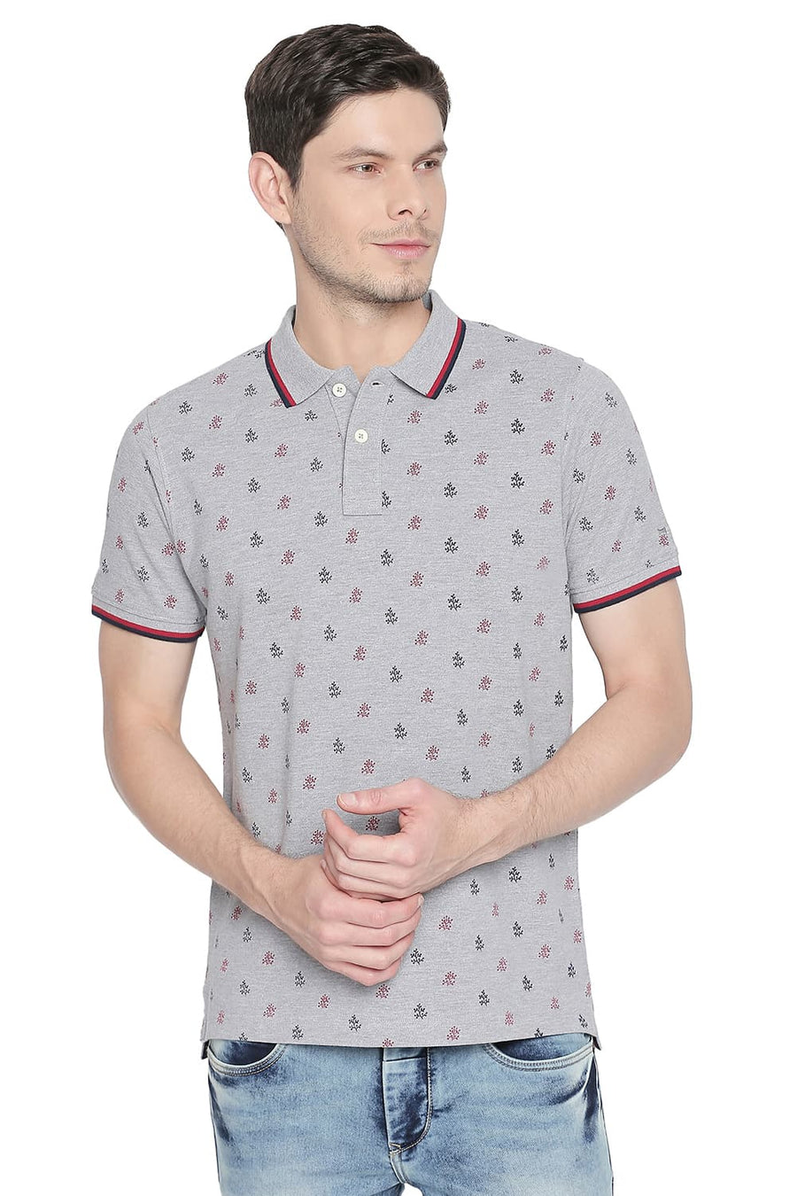 BASICS MUSCLE FIT HEATHER GREY PRINTED POLO T SHIRT