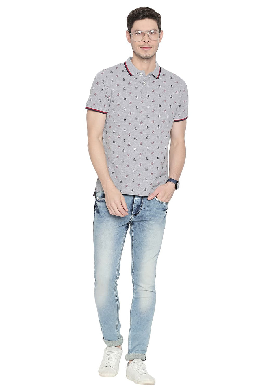 BASICS MUSCLE FIT HEATHER GREY PRINTED POLO T SHIRT