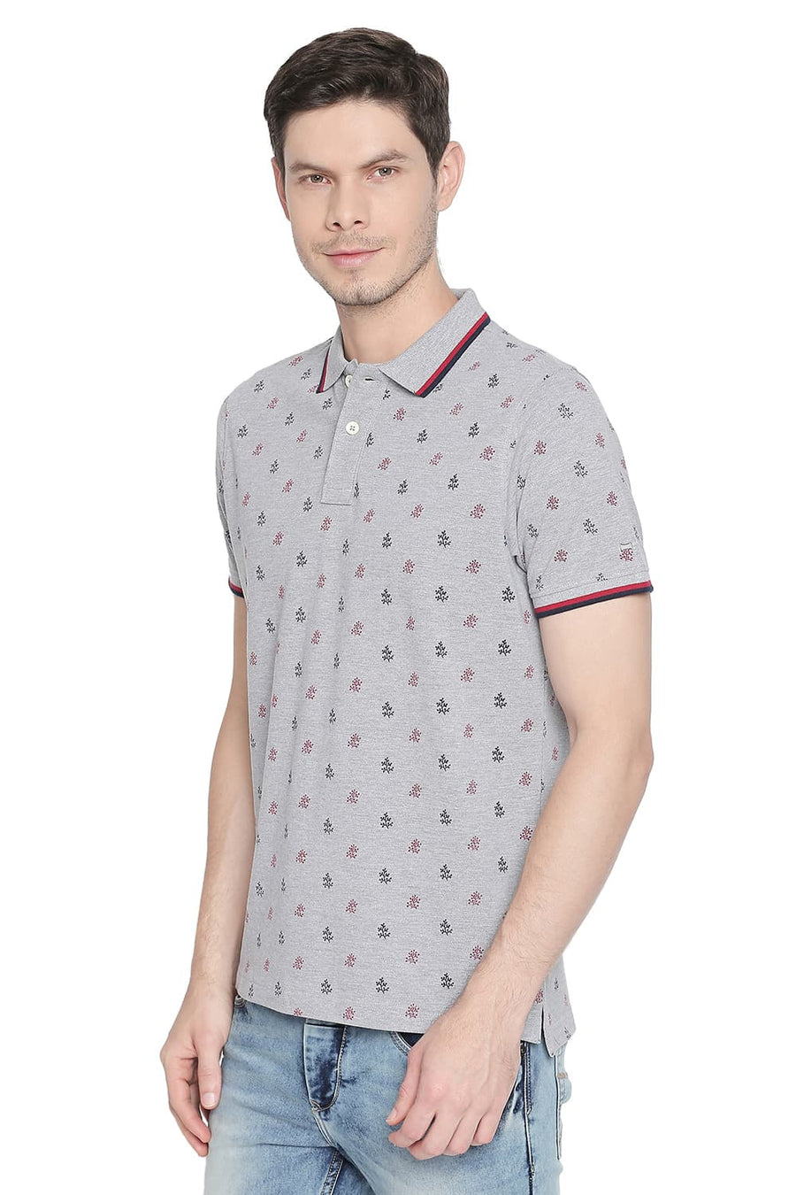 BASICS MUSCLE FIT HEATHER GREY PRINTED POLO T SHIRT