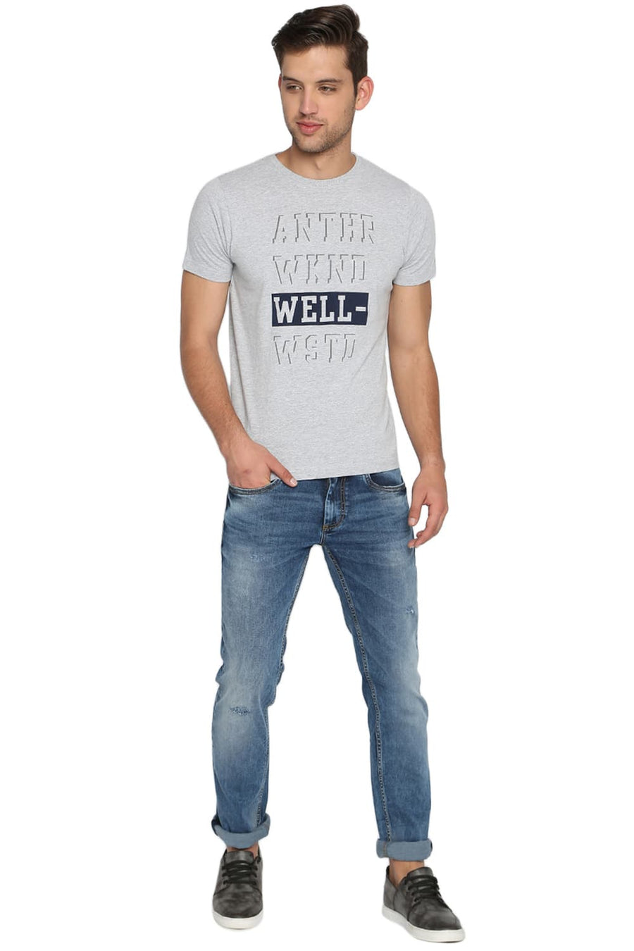 BASICS MUSCLE FIT HEATHER GREY CREW NECK T SHIRT