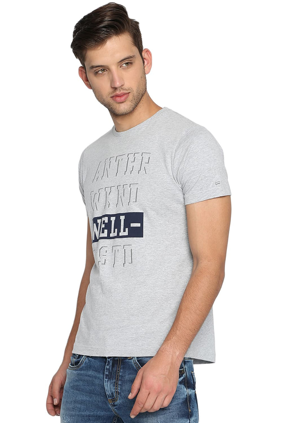 BASICS MUSCLE FIT HEATHER GREY CREW NECK T SHIRT