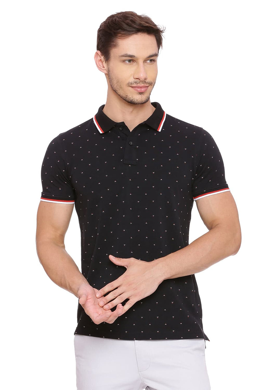 BASICS MUSCLE FIT JET BLACK PRINTED POLO T SHIRT