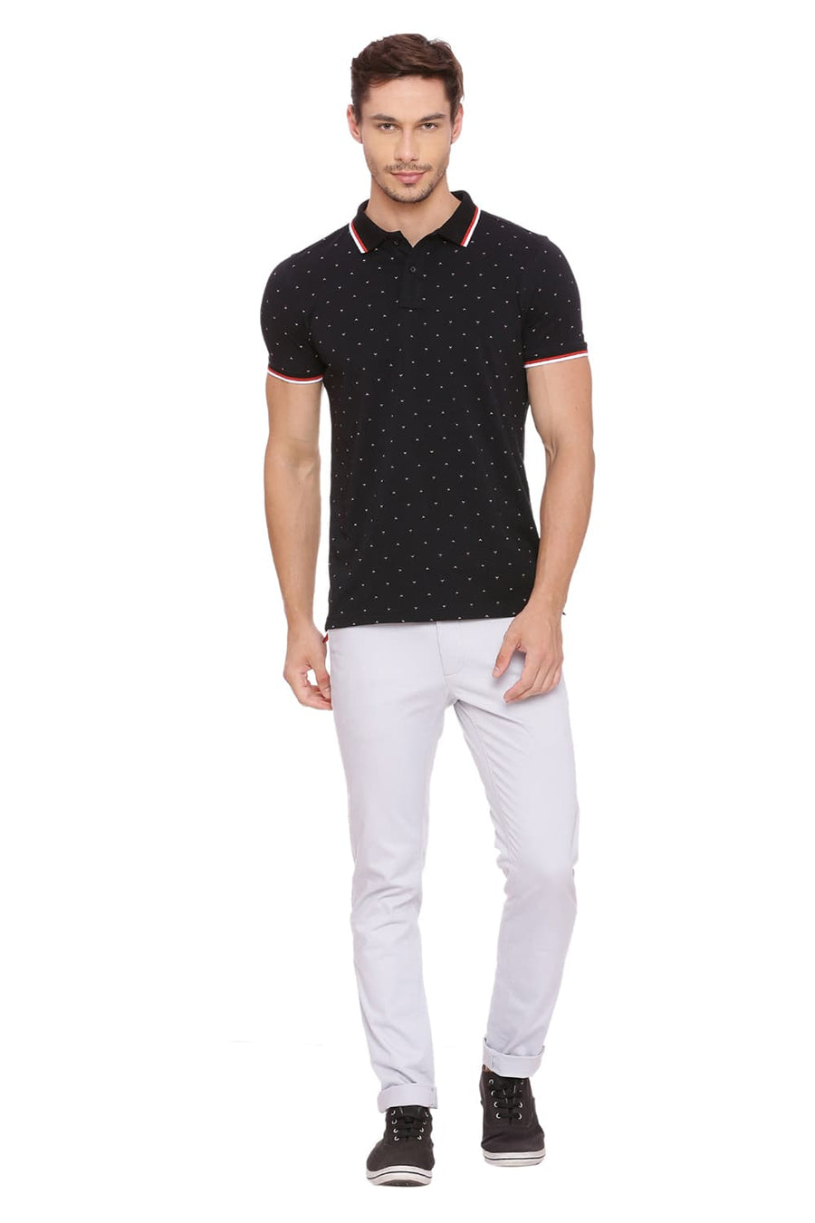 BASICS MUSCLE FIT JET BLACK PRINTED POLO T SHIRT