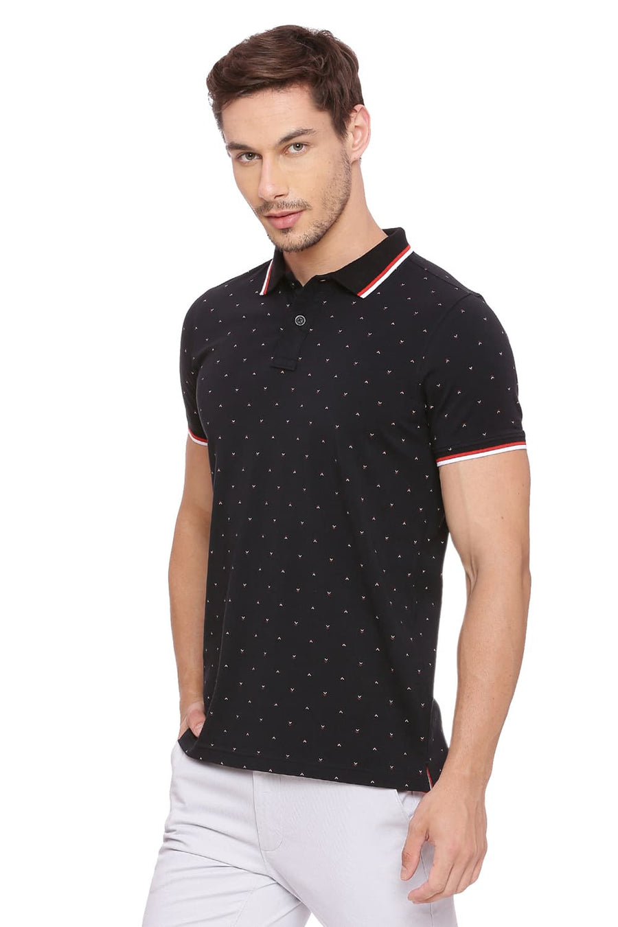 BASICS MUSCLE FIT JET BLACK PRINTED POLO T SHIRT