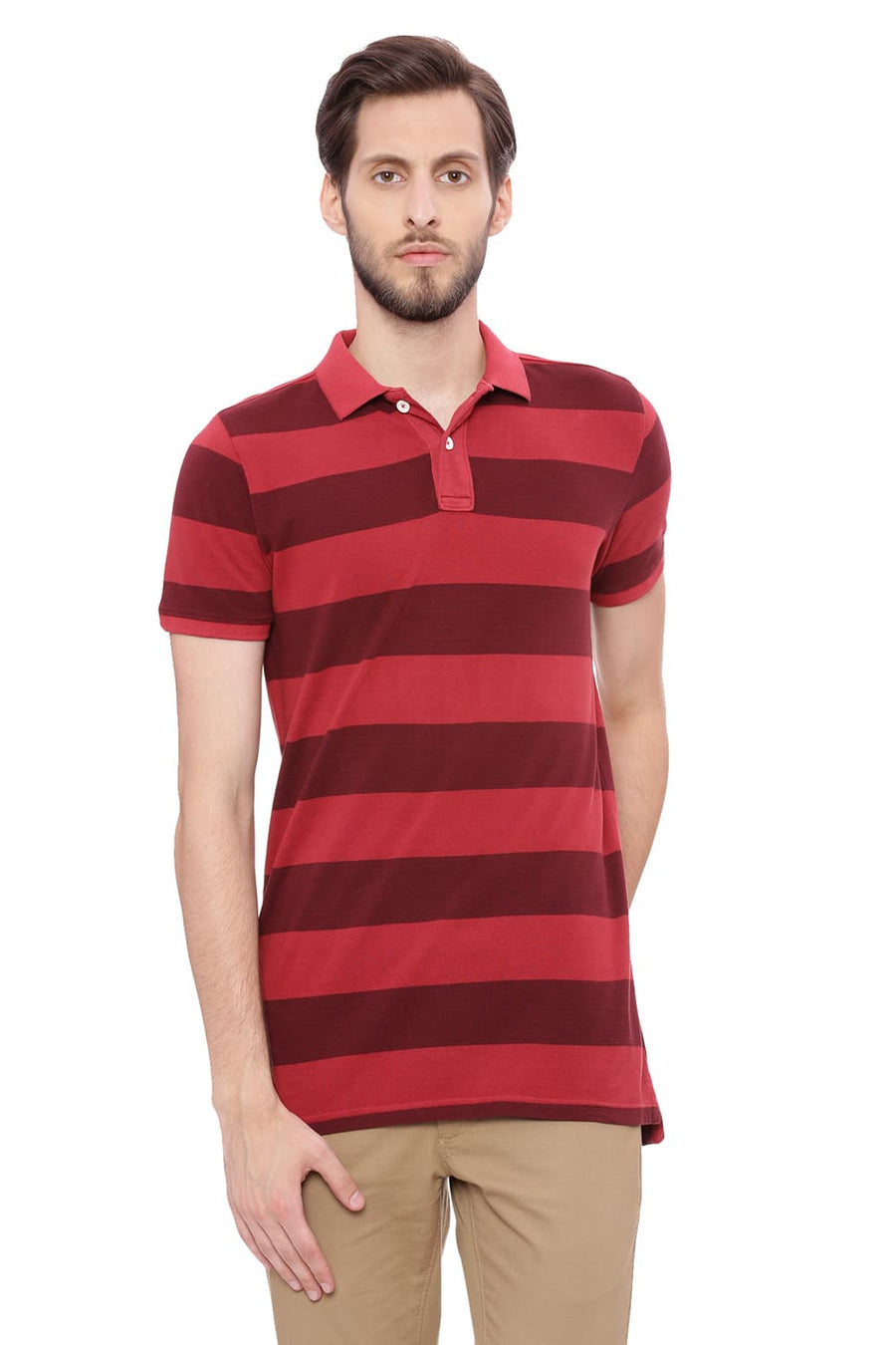 BASICS MUSCLE FIT ROSEWOOD PINK STRIPED RUGBY POLO T SHIRT