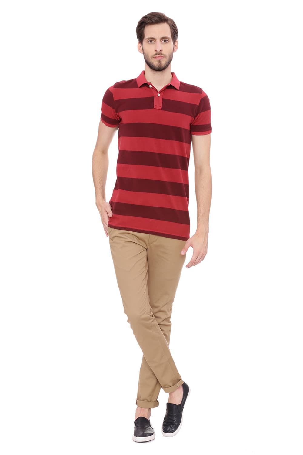 BASICS MUSCLE FIT STRIPED RUGBY POLO T SHIRT