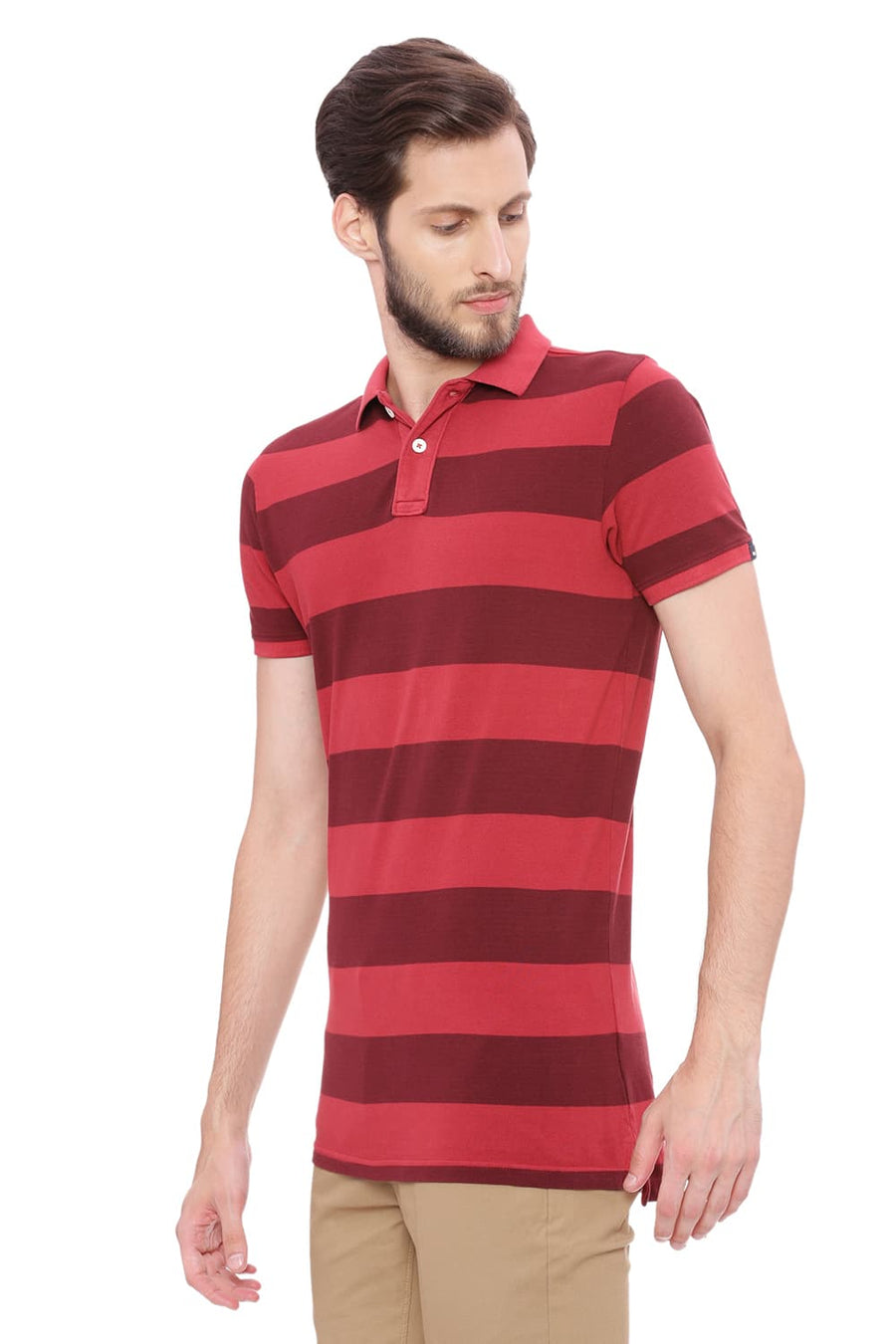 BASICS MUSCLE FIT ROSEWOOD PINK STRIPED RUGBY POLO T SHIRT