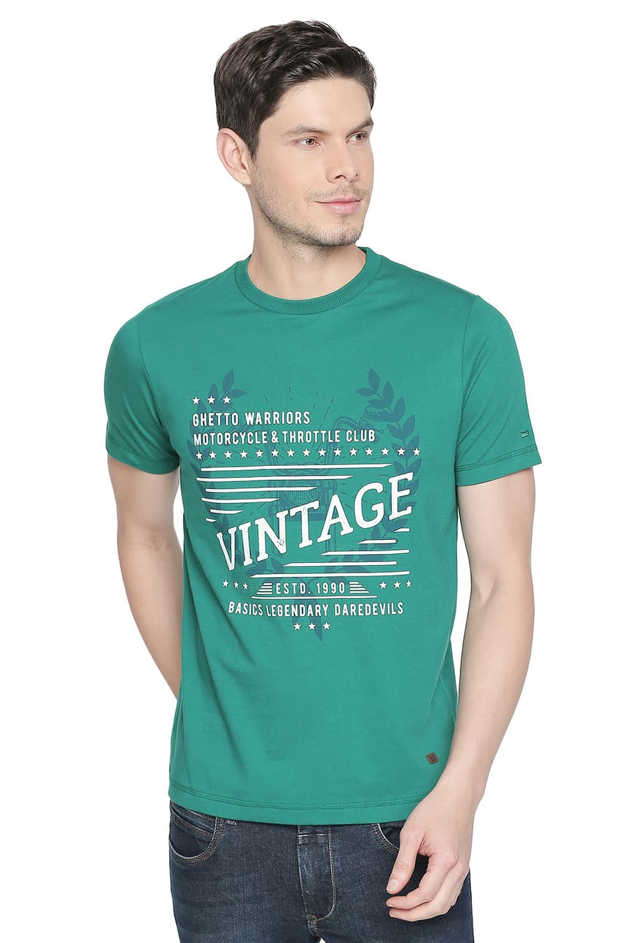 BASICS MUSCLE FIT ULTRAMARINE GREEN CREW NECK T SHIRT