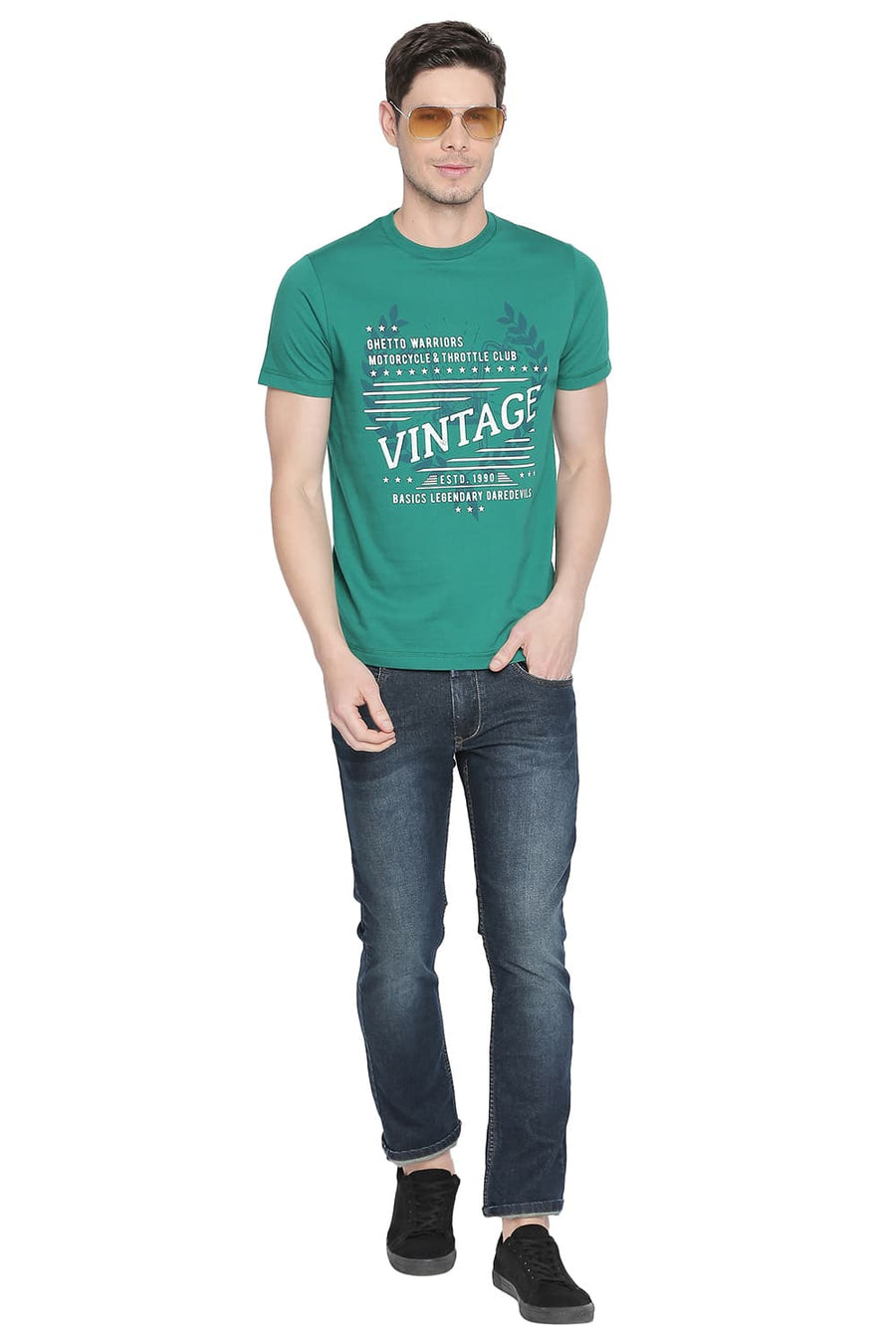 BASICS MUSCLE FIT ULTRAMARINE GREEN CREW NECK T SHIRT