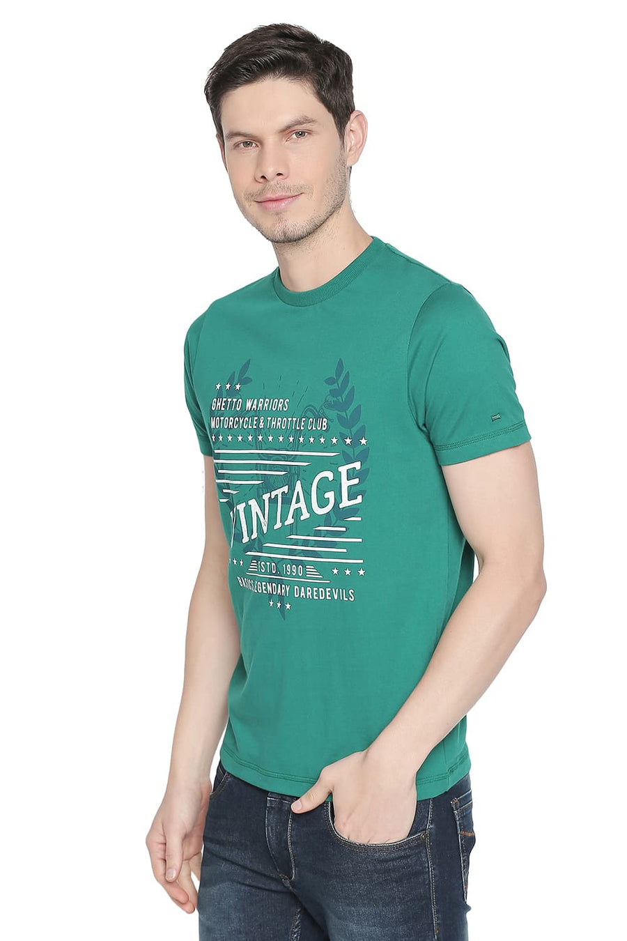 BASICS MUSCLE FIT ULTRAMARINE GREEN CREW NECK T SHIRT