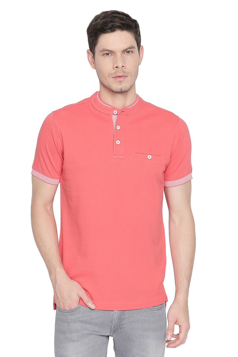 BASICS MUSCLE FIT CAYENNE MANDARIN POLO T SHIRT