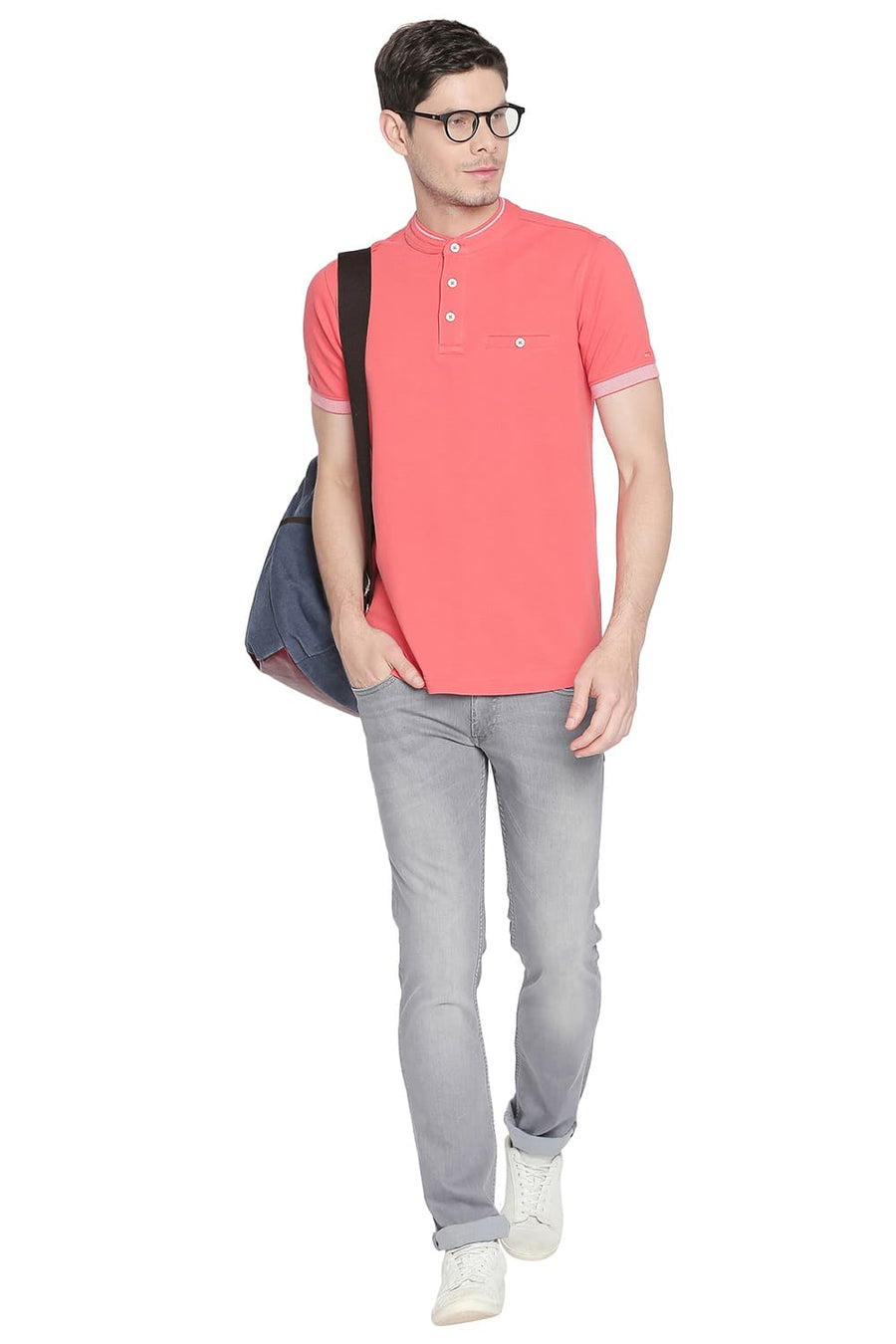 BASICS MUSCLE FIT CAYENNE MANDARIN POLO T SHIRT