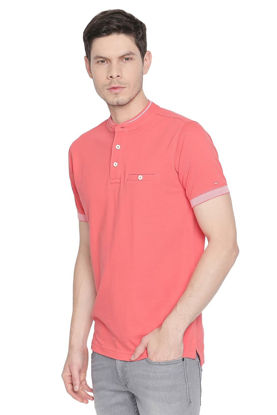 BASICS MUSCLE FIT CAYENNE MANDARIN POLO T SHIRT