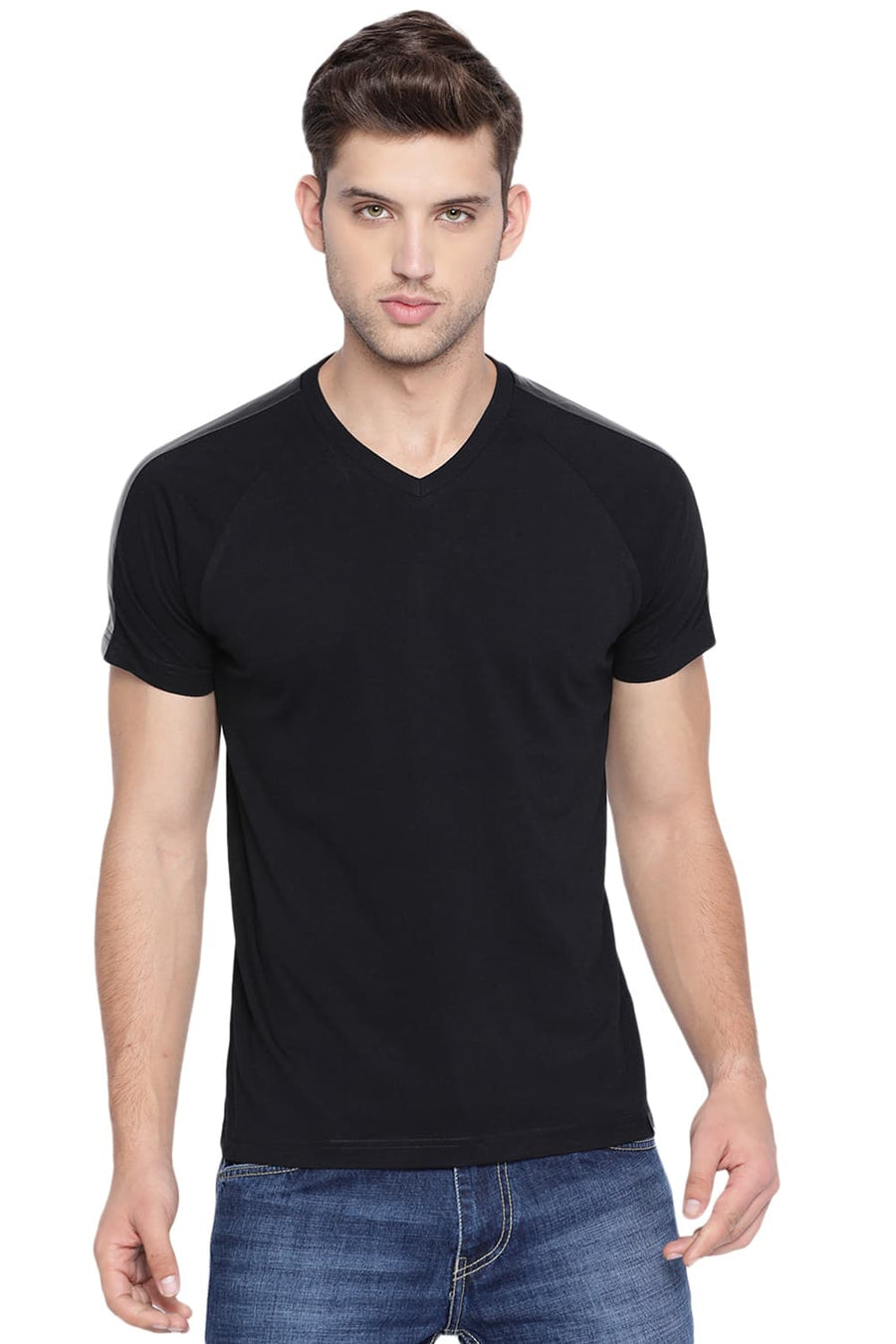 BASICS MUSCLE FIT JET BLACK V NECK RAGLAN T SHIRT