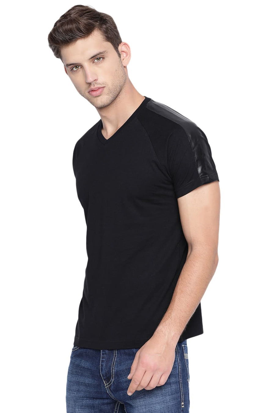 BASICS MUSCLE FIT JET BLACK V NECK RAGLAN T SHIRT