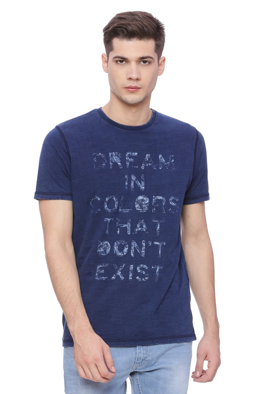 BASICS MUSCLE FIT DENIM BLUE CREW NECK T SHIRT