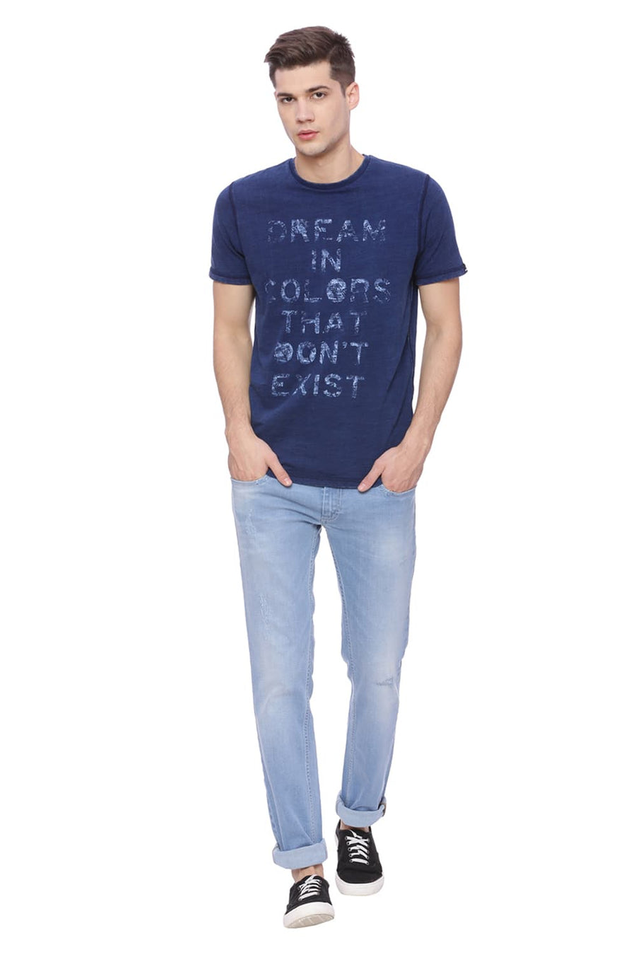 BASICS MUSCLE FIT DENIM BLUE CREW NECK T SHIRT