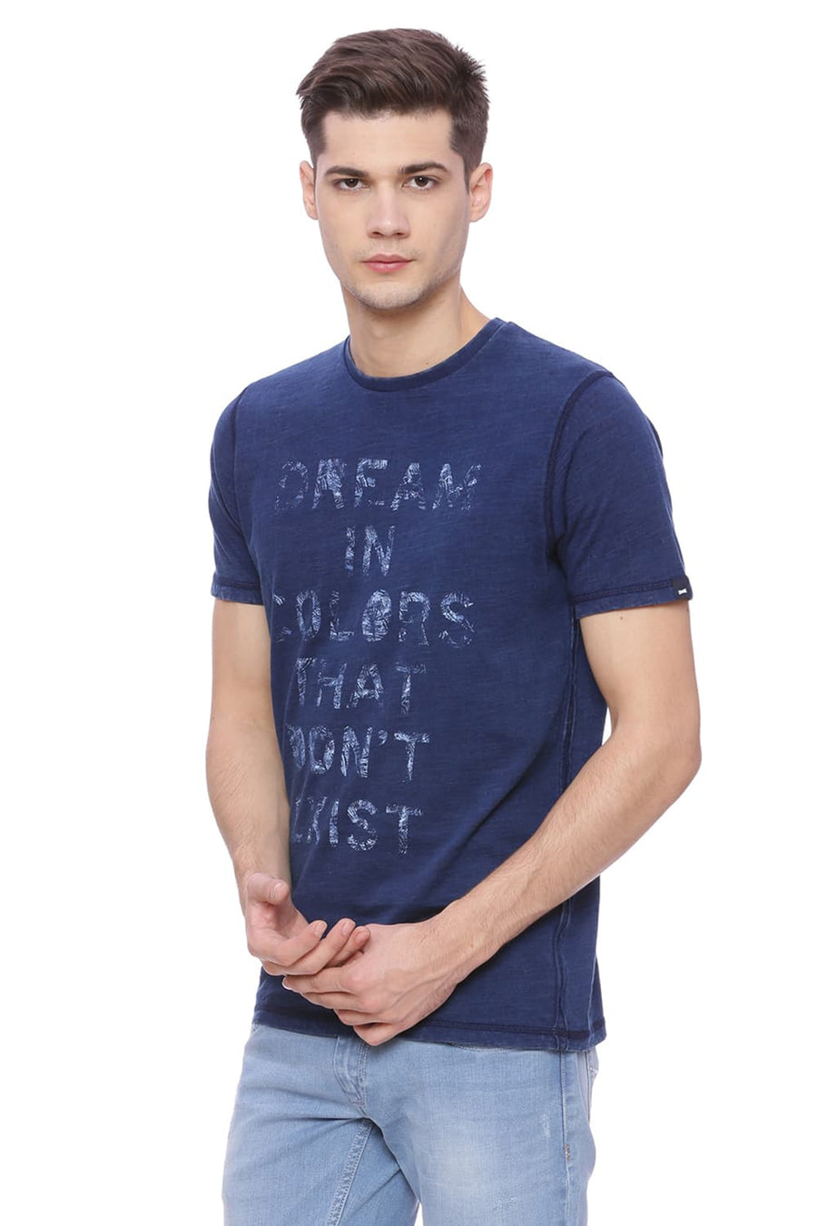 BASICS MUSCLE FIT DENIM BLUE CREW NECK T SHIRT