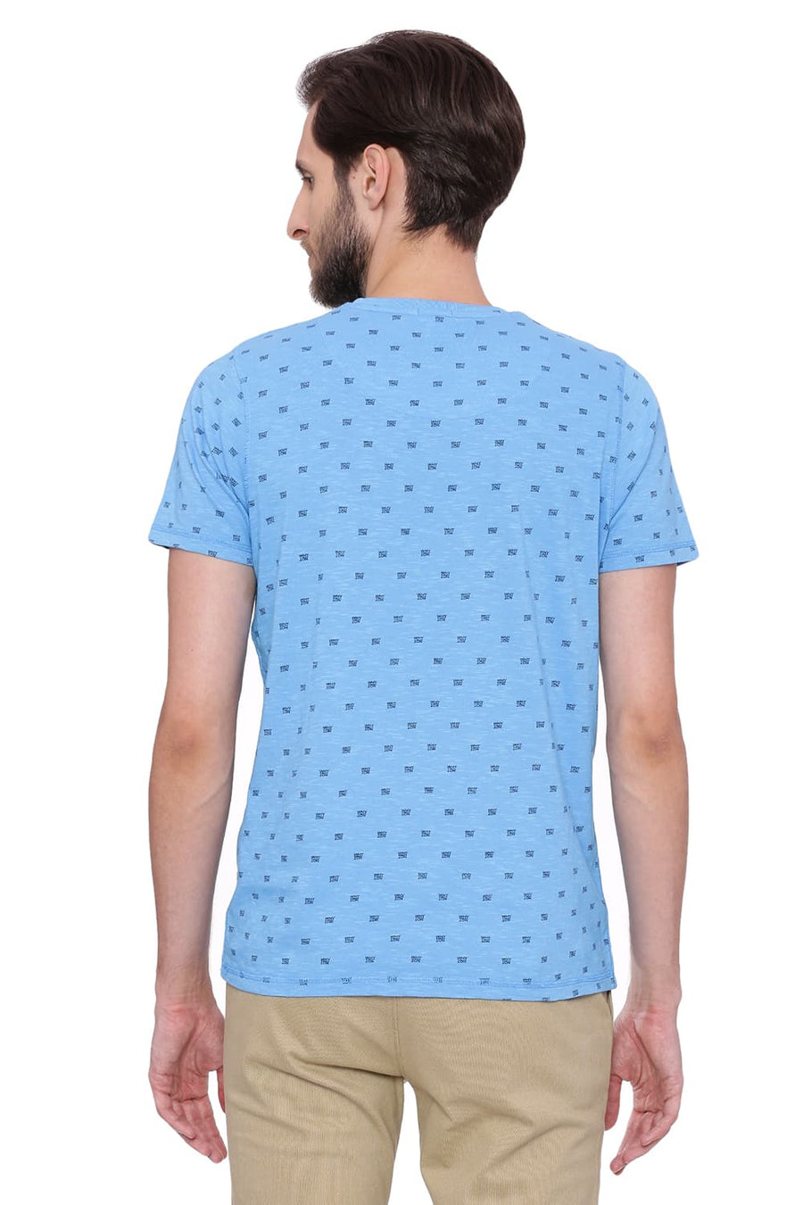 BASICS MUSCLE FIT ETHEREAL BLUE PRINTED CREW NECK T SHIRT