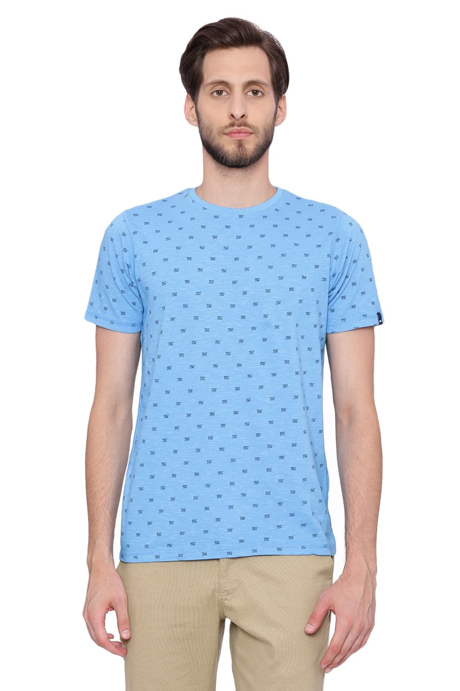 BASICS MUSCLE FIT ETHEREAL BLUE PRINTED CREW NECK T SHIRT