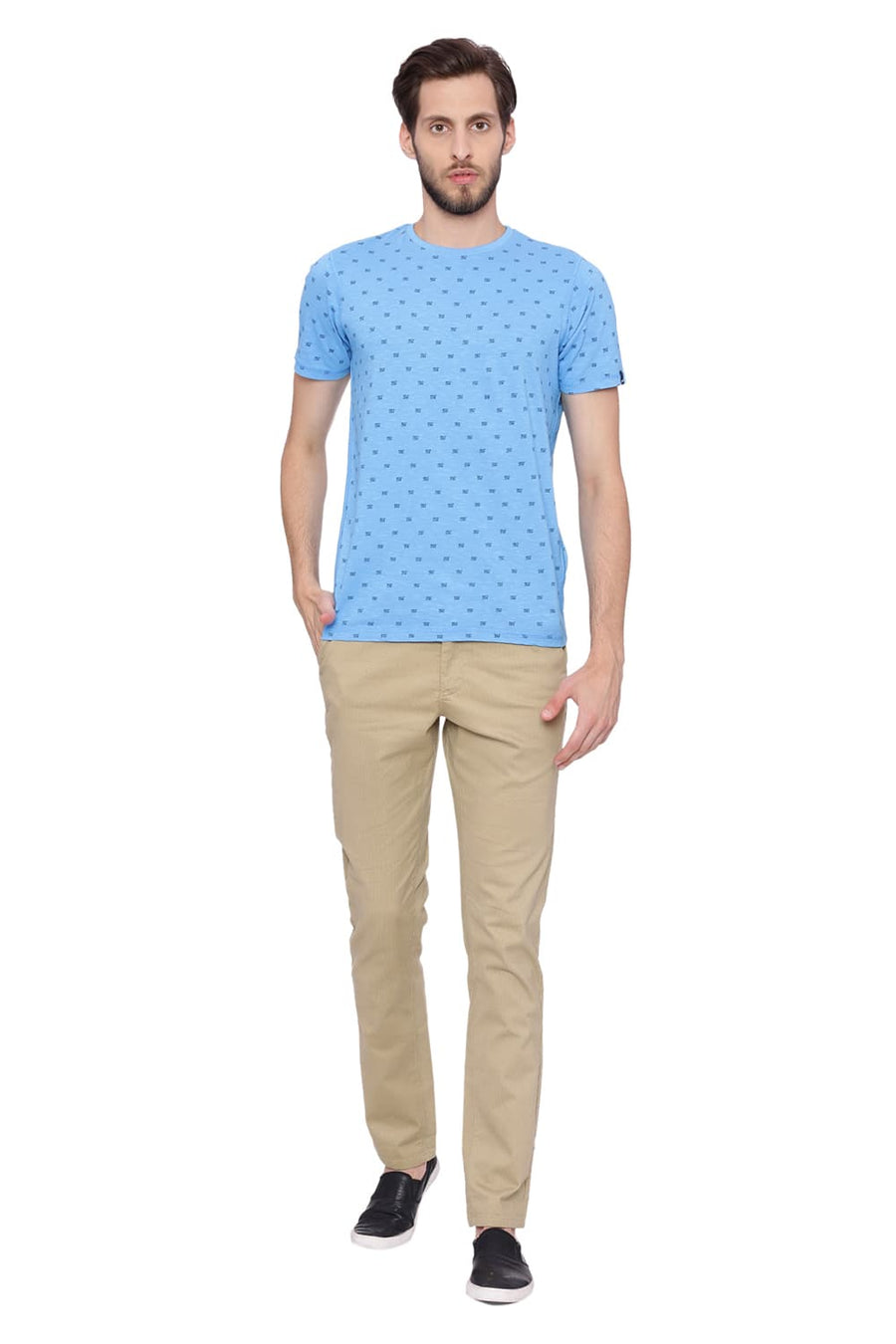 BASICS MUSCLE FIT ETHEREAL BLUE PRINTED CREW NECK T SHIRT