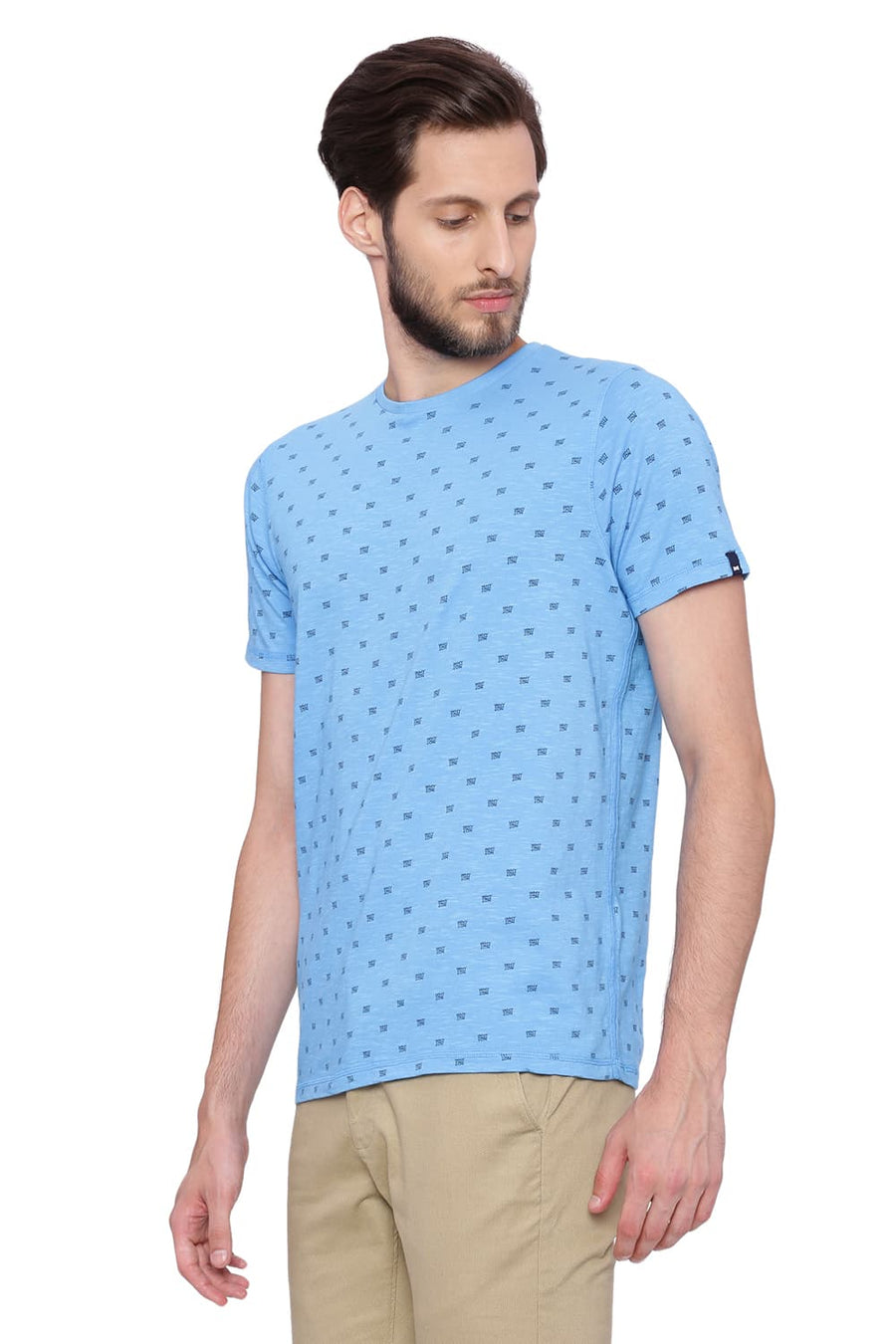 BASICS MUSCLE FIT ETHEREAL BLUE PRINTED CREW NECK T SHIRT