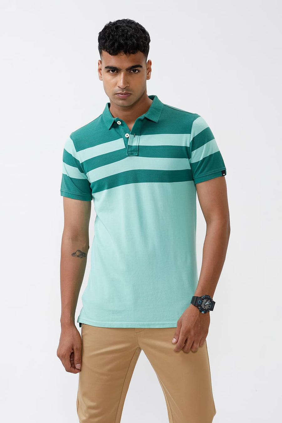 BASICS MUSCLE FIT BERMUDA STRIPES POLO T SHIRT