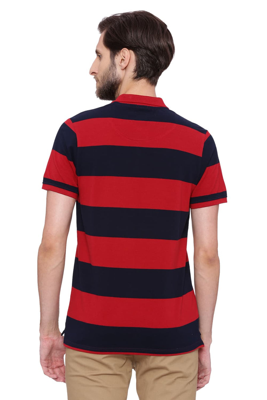 BASICS MUSCLE FIT DARK RED STRIPED POLO T SHIRT