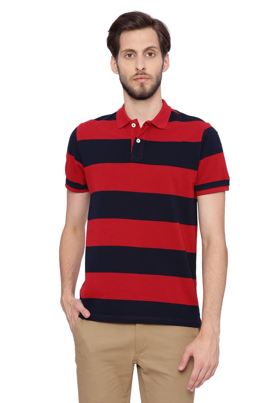 BASICS MUSCLE FIT DARK RED STRIPED POLO T SHIRT