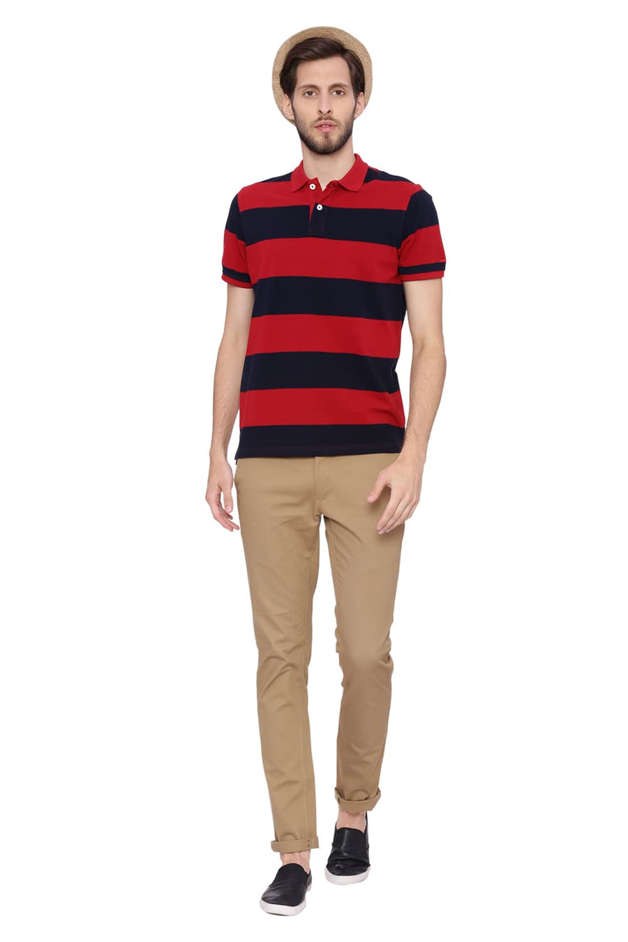 BASICS MUSCLE FIT DARK RED STRIPED POLO T SHIRT