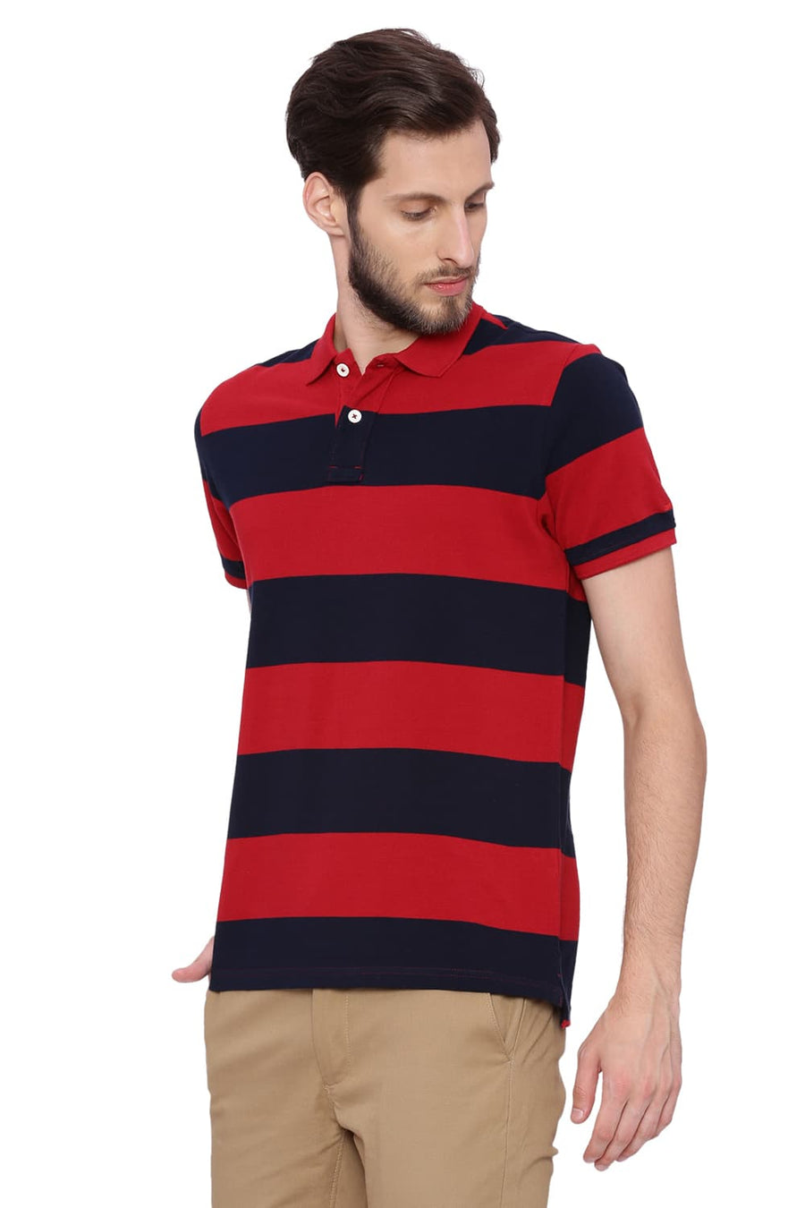 BASICS MUSCLE FIT DARK RED STRIPED POLO T SHIRT