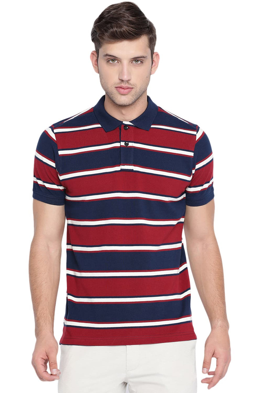 BASICS MUSCLE FIT RHUBARB STRIPED POLO T SHIRT