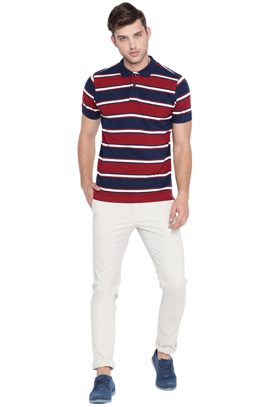 BASICS MUSCLE FIT RHUBARB STRIPED POLO T SHIRT