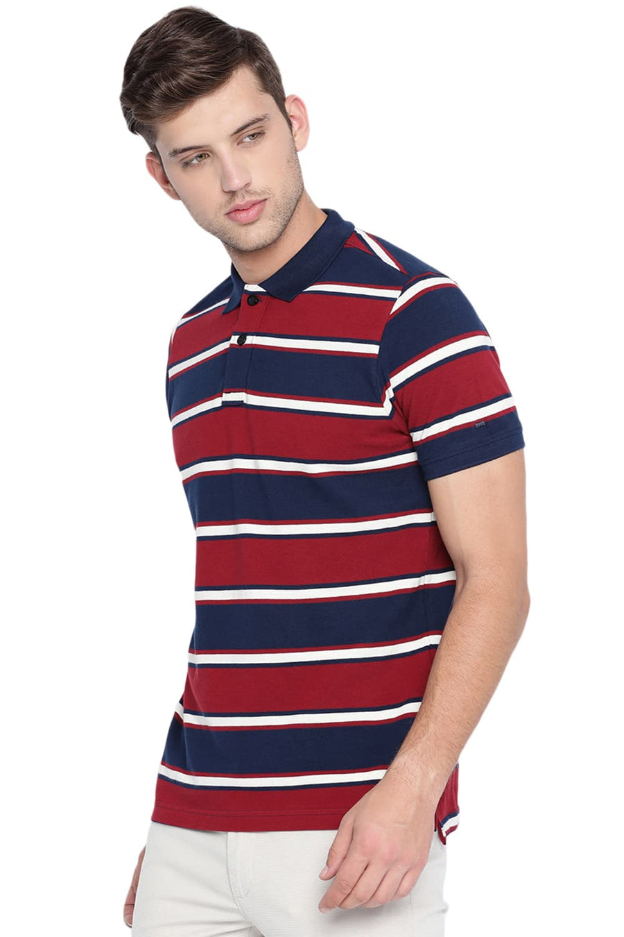 BASICS MUSCLE FIT RHUBARB STRIPED POLO T SHIRT