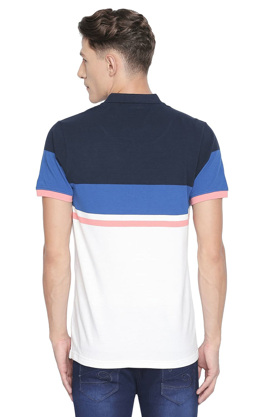 BASICS MUSCLE FIT CLASSIC BLUE ENGINEERED STRIPE POLO T SHIRT