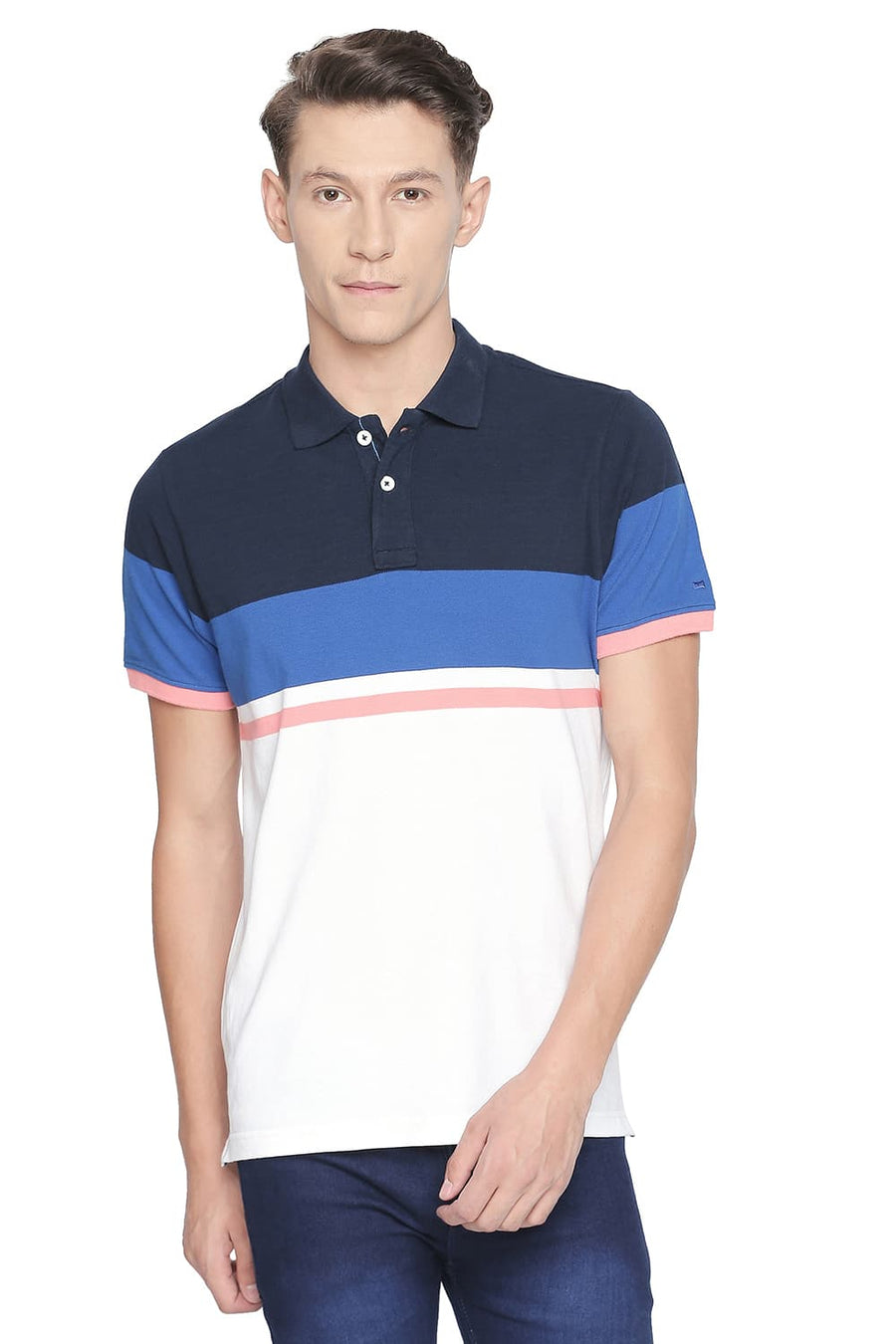BASICS MUSCLE FIT CLASSIC BLUE ENGINEERED STRIPE POLO T SHIRT