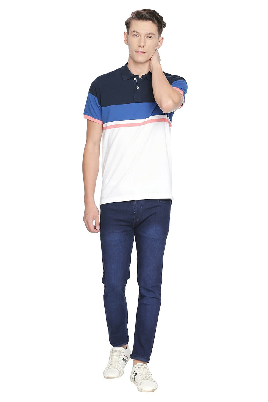 BASICS MUSCLE FIT CLASSIC BLUE ENGINEERED STRIPE POLO T SHIRT