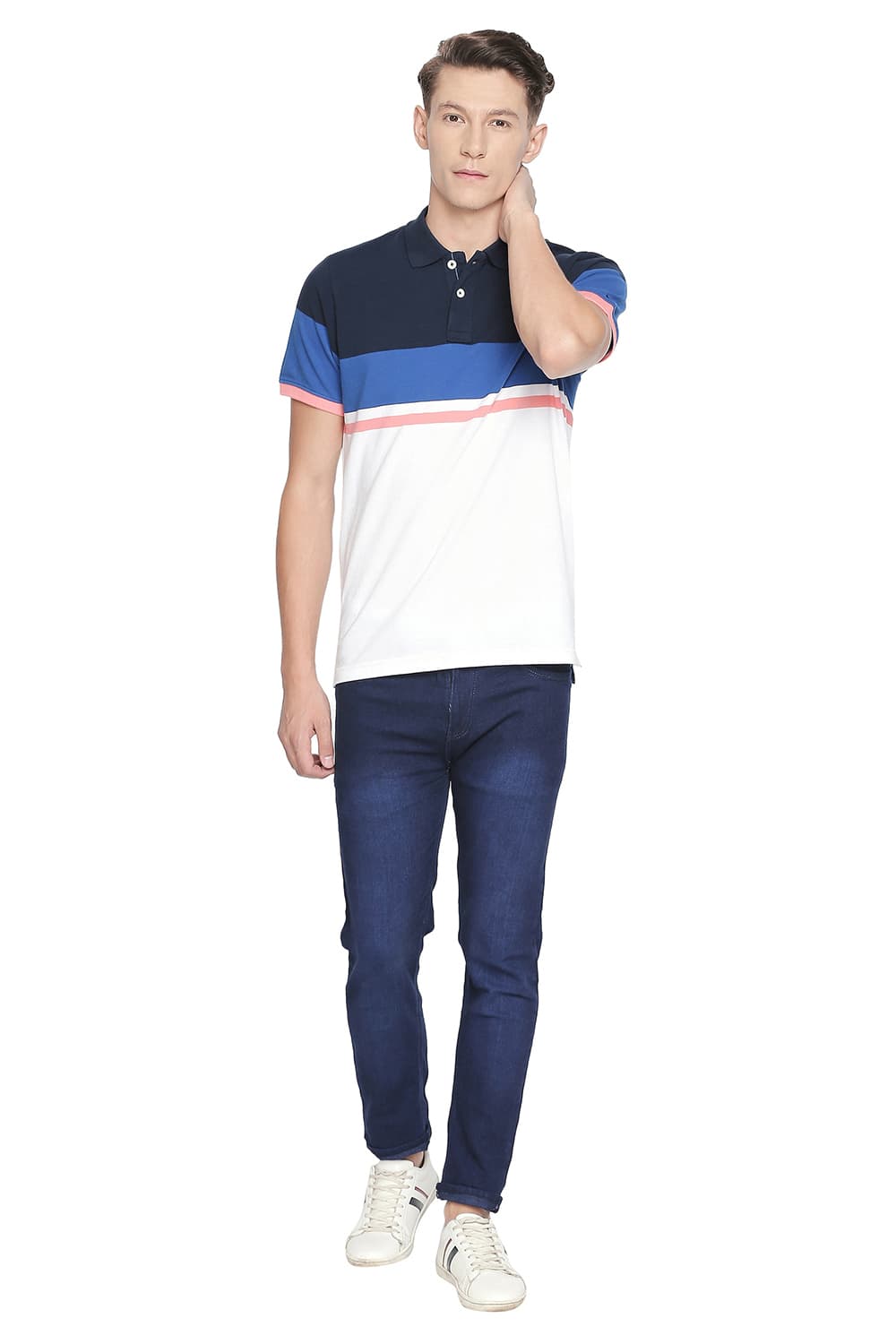 BASICS MUSCLE FIT ENGINEERED STRIPE POLO T SHIRT