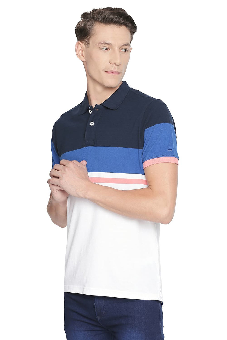 BASICS MUSCLE FIT CLASSIC BLUE ENGINEERED STRIPE POLO T SHIRT