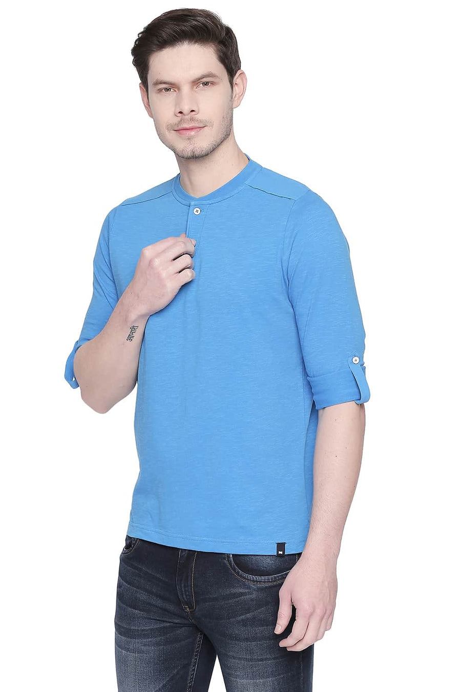 BASICS MUSCLE FIT FRENCH BLUE HENLEY T SHIRT
