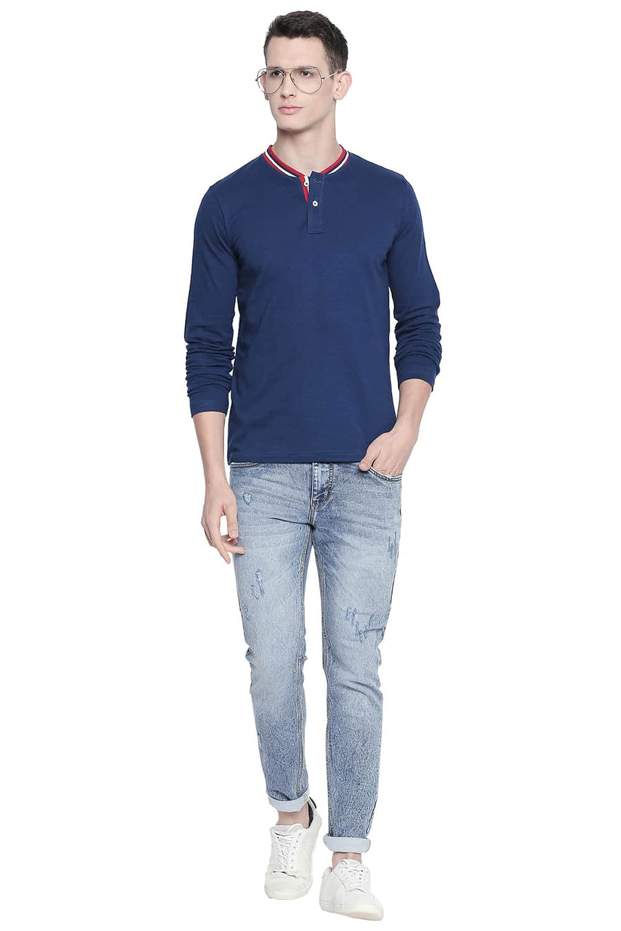 BASICS MUSCLE FIT ESTATE BLUE HENLEY T SHIRT