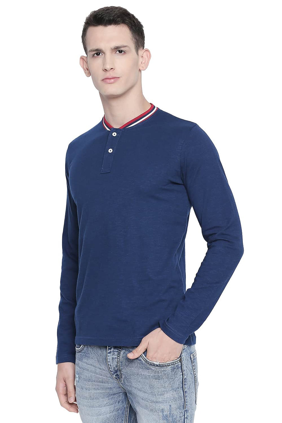 BASICS MUSCLE FIT ESTATE BLUE HENLEY T SHIRT
