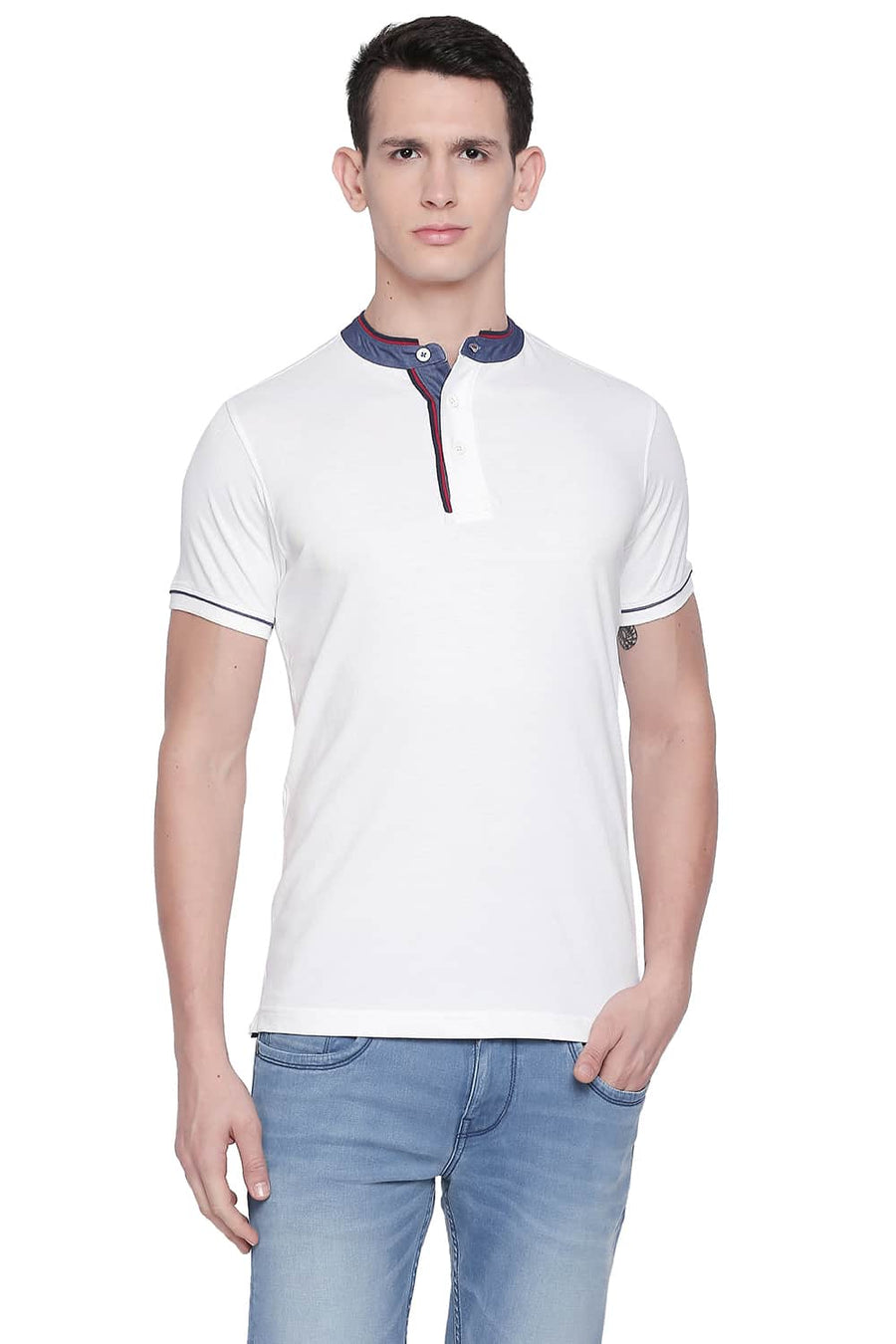 BASICS MUSCLE FIT BRIGHT WHITE MANDARIN POLO T SHIRT
