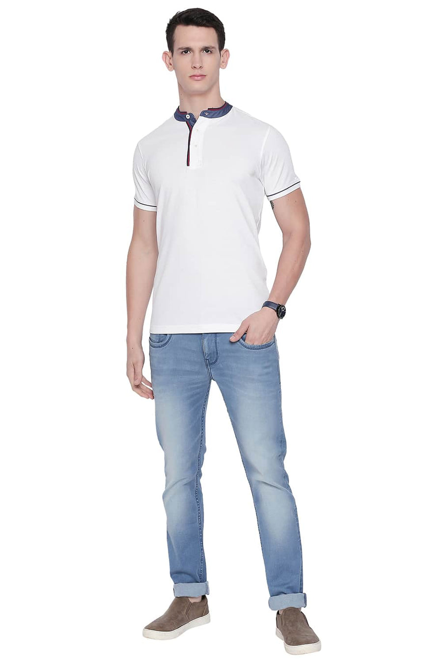BASICS MUSCLE FIT BRIGHT WHITE MANDARIN POLO T SHIRT