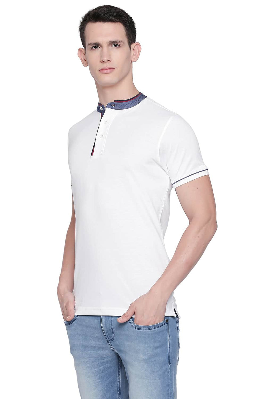 BASICS MUSCLE FIT BRIGHT WHITE MANDARIN POLO T SHIRT