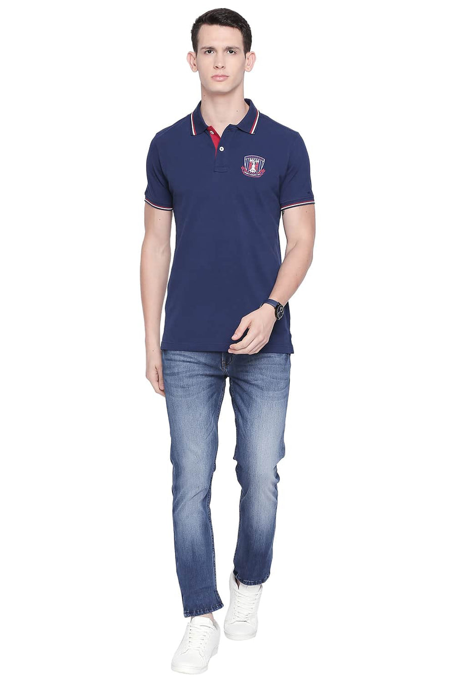 BASICS MUSCLE FIT ESTATE BLUE POLO T SHIRT