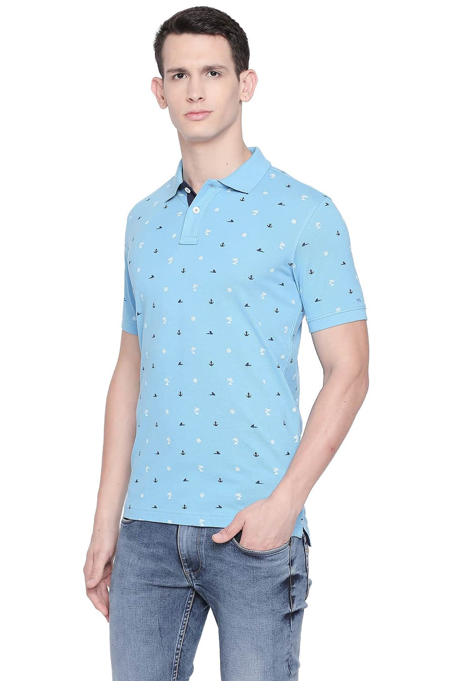 BASICS MUSCLE FIT BONNIE BLUE PRINTED POLO T SHIRT