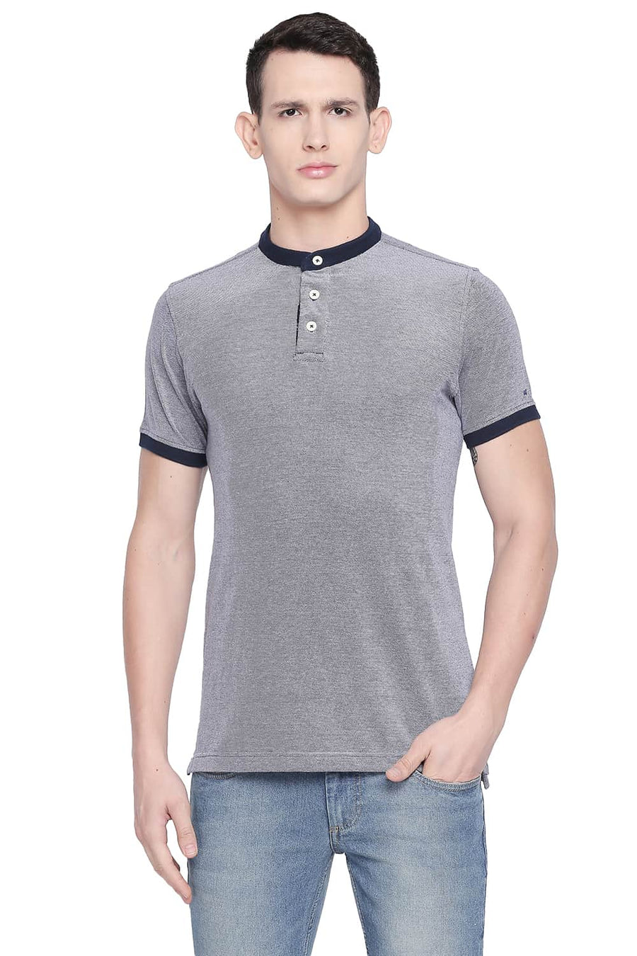 BASICS MUSCLE FIT DRESS BLUE MANDARIN POLO T SHIRT