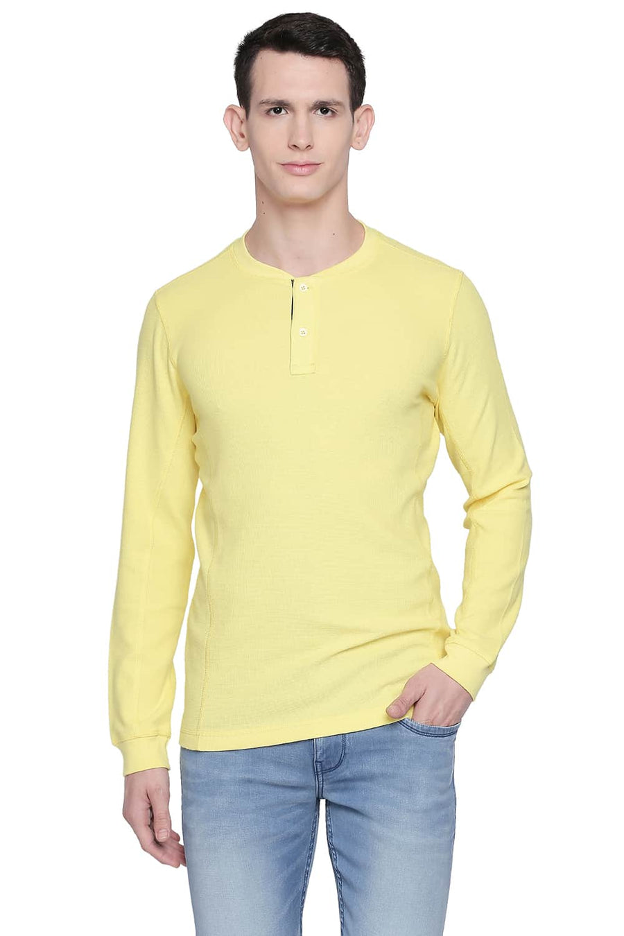 BASICS MUSCLE FIT LEMON DROP HENLEY T SHIRT